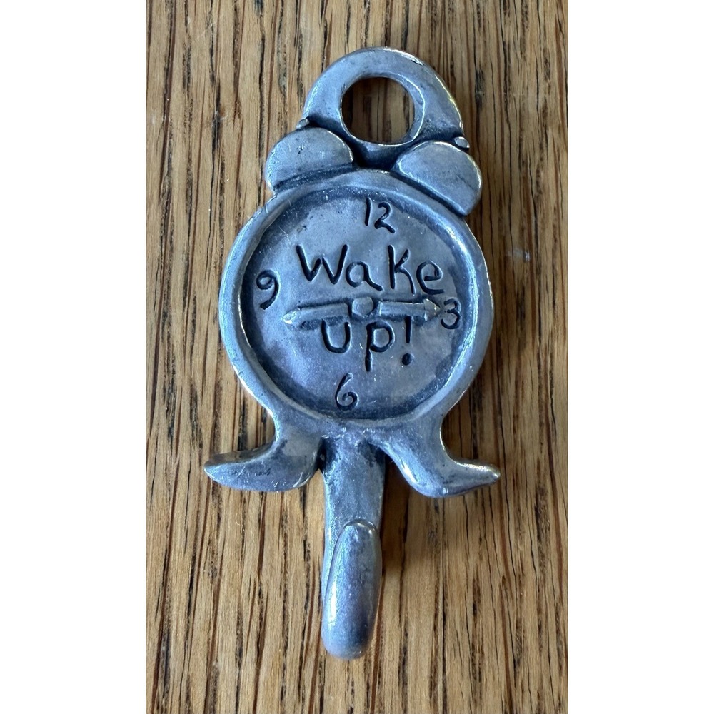 Vtg Pewter Clock Whimsical Wake Up Wall Mounted Key Holder Hanger Hook